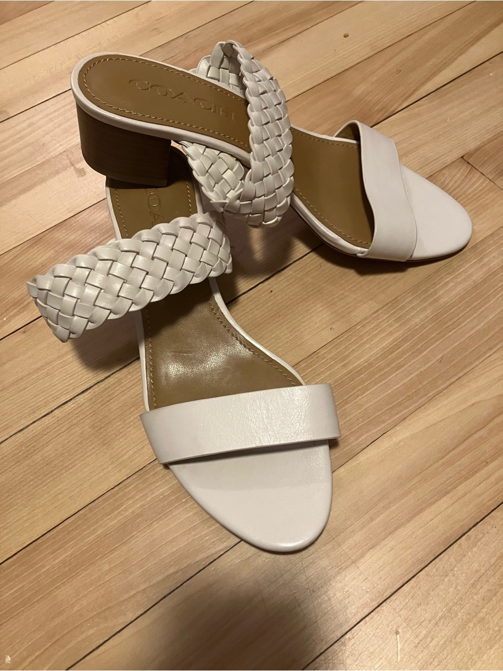 Coach White Braided Strap Block Heel Sandals for Women